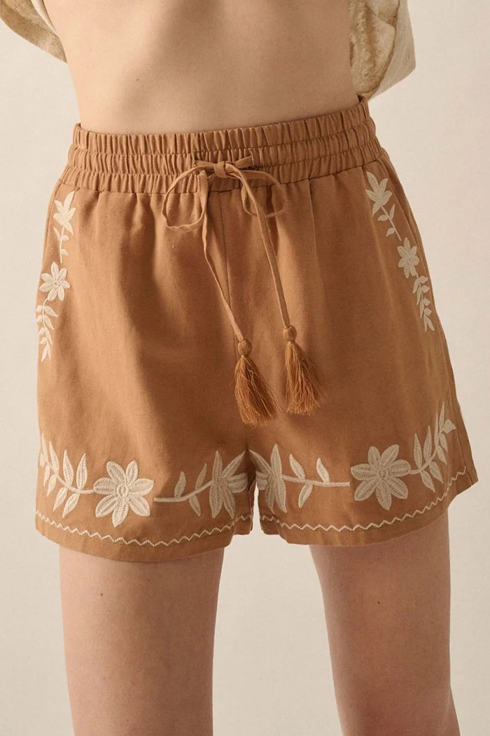 Caramel embroidered boho casual shorts with tasseled drawstring and elastic waist, stylish and comfortable for everyday wear.