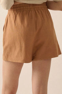 Caramel embroidered boho casual shorts with tassels, drawstring waist, elastic band, perfect for relaxed summer wear.