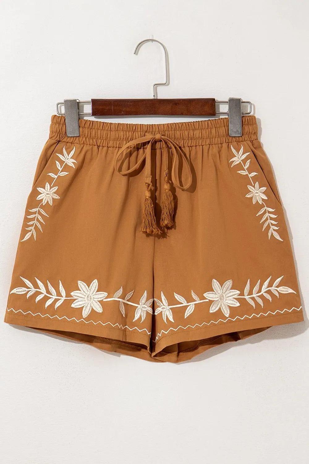 Caramel embroidered boho casual shorts with tasseled drawstring, elastic waist and relaxed fit, by Trendsi.