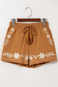 Caramel embroidered boho casual shorts with tasseled drawstring, elastic waist and relaxed fit, by Trendsi.