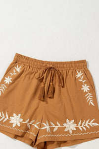 Caramel embroidered boho casual shorts with tasseled drawstring, elastic waist and relaxed fit, perfect for laid-back summer style.