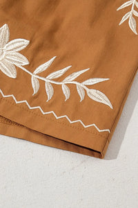Caramel embroidered boho casual shorts with tasseled drawstring and elastic waistband, perfect for relaxed summer style.