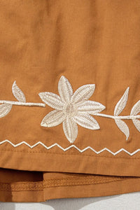 Caramel embroidered boho casual shorts with tasseled drawstring and elastic waist, stylish summer wear from Trendsi.