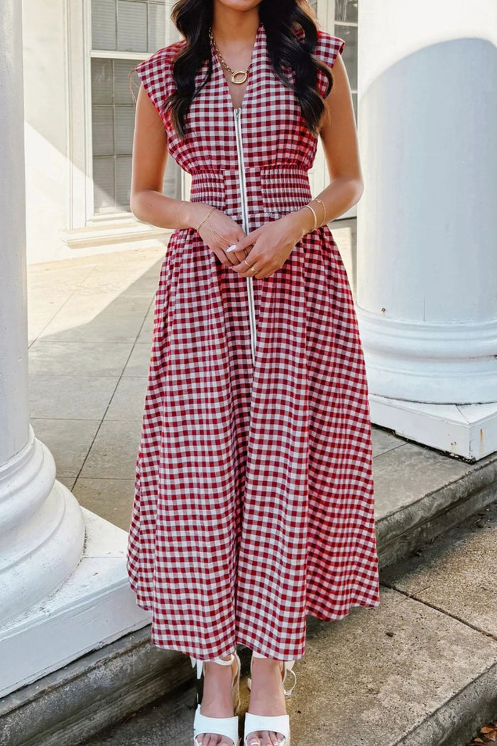 Cerise gingham zip-front midi dress by Trendsi featuring a fitted silhouette and front zipper detail.