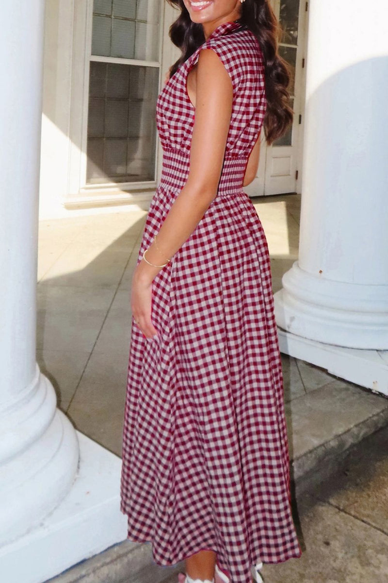 Cerise gingham zip-front midi dress by Trendsi, featuring a fitted silhouette and front zipper detail.