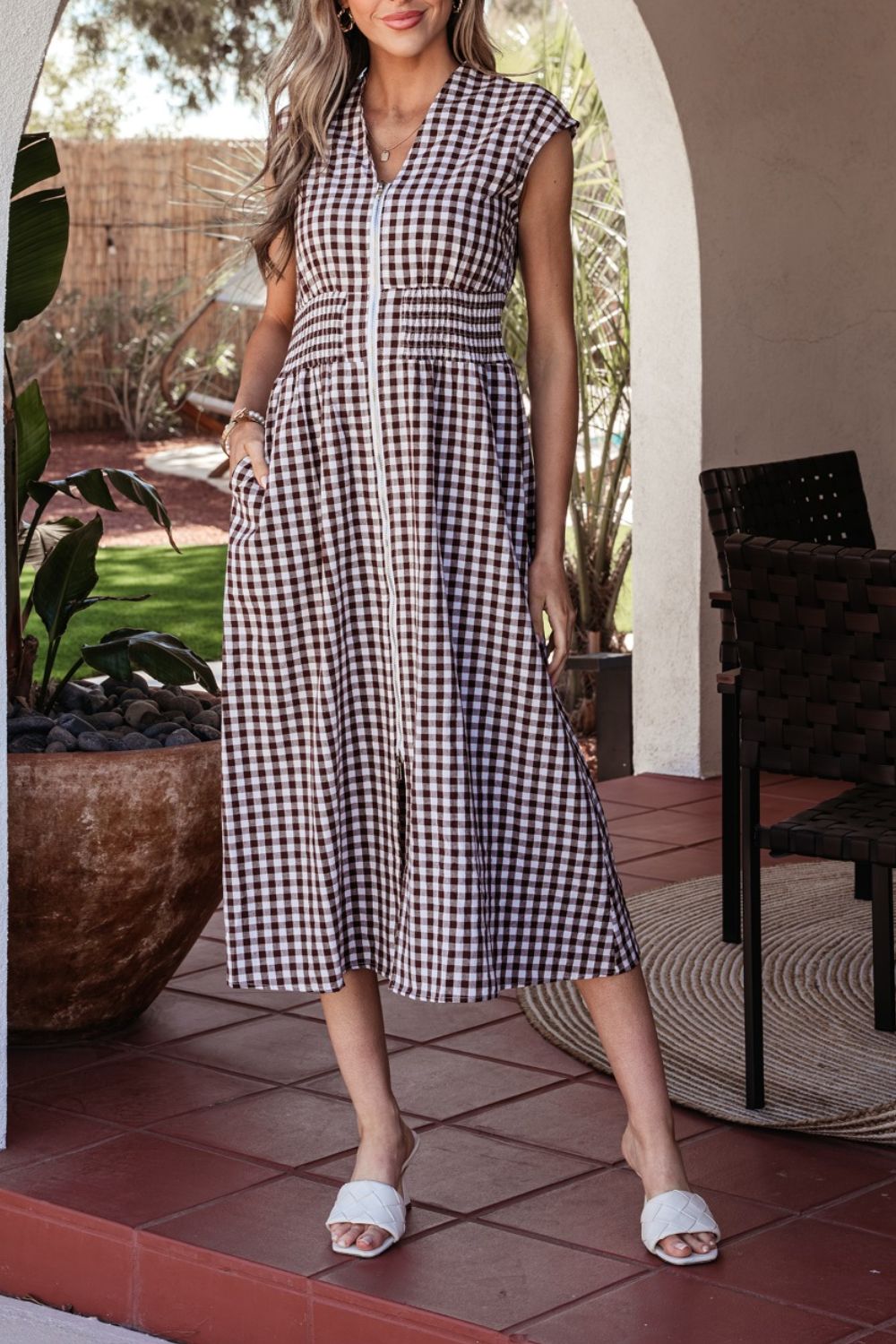 Cerise gingham zip-front midi dress from Trendsi featuring a fitted silhouette and front zipper closure.
