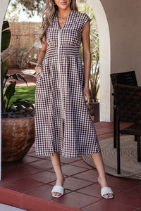 Cerise gingham zip-front midi dress from Trendsi featuring a fitted silhouette and front zipper closure.