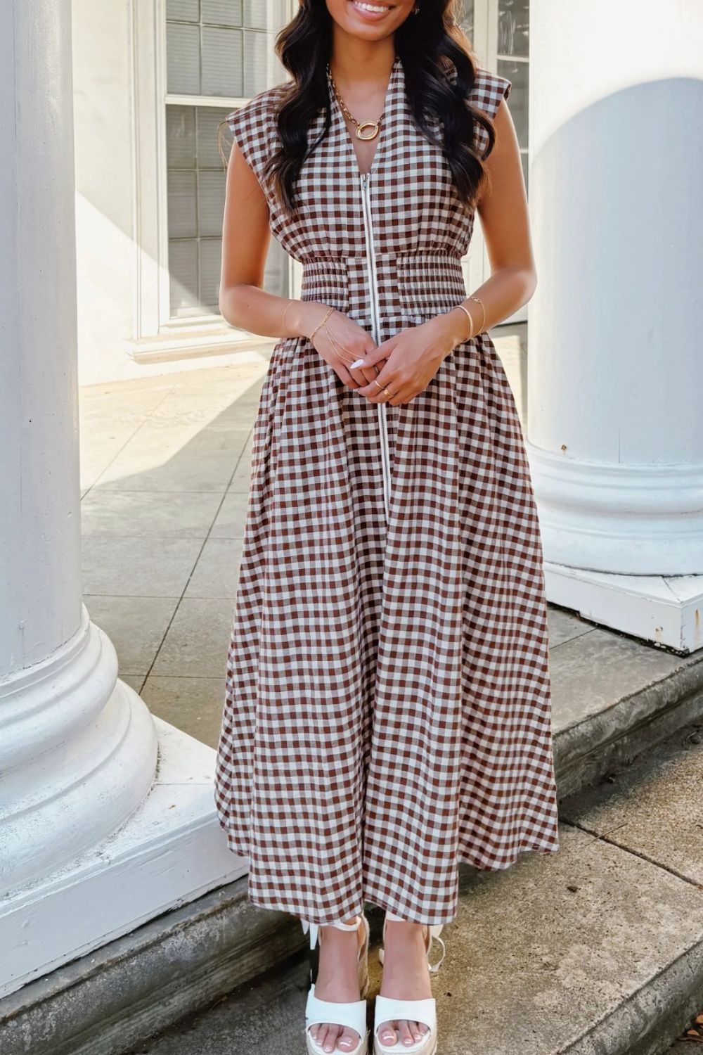 Cerise gingham zip-front midi dress by Trendsi, with a fitted waist, short sleeves, and a front zipper detail.