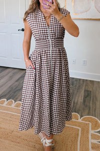 Cerise pink gingham zip-front midi dress from Trendsi, featuring a fitted silhouette and stylish neckline.