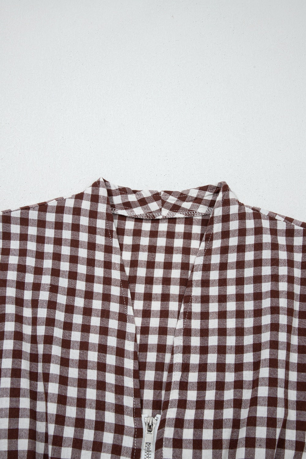 Cerise Gingham Zip-Front Midi Dress by Trendsi, featuring a stylish fold-over collar and front zipper, casual and chic for summer.