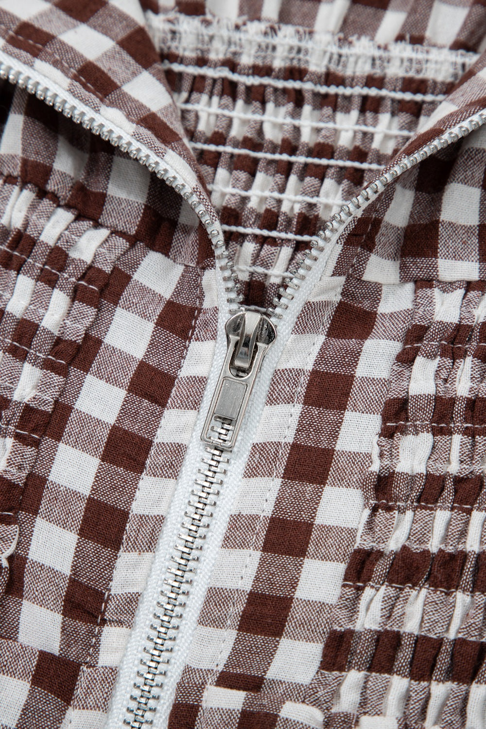 Cerise gingham zip-front midi dress from Trendsi featuring a fitted waist and front zipper detail.