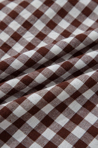 Cerise gingham zip-front midi dress by Trendsi, featuring a fitted waist, short sleeves, and a classic pattern.