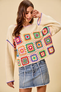 Multicolor granny crochet lace sweater top from SO ME by Trendsi, showcasing vibrant crochet patterns and a cozy, stylish fit.