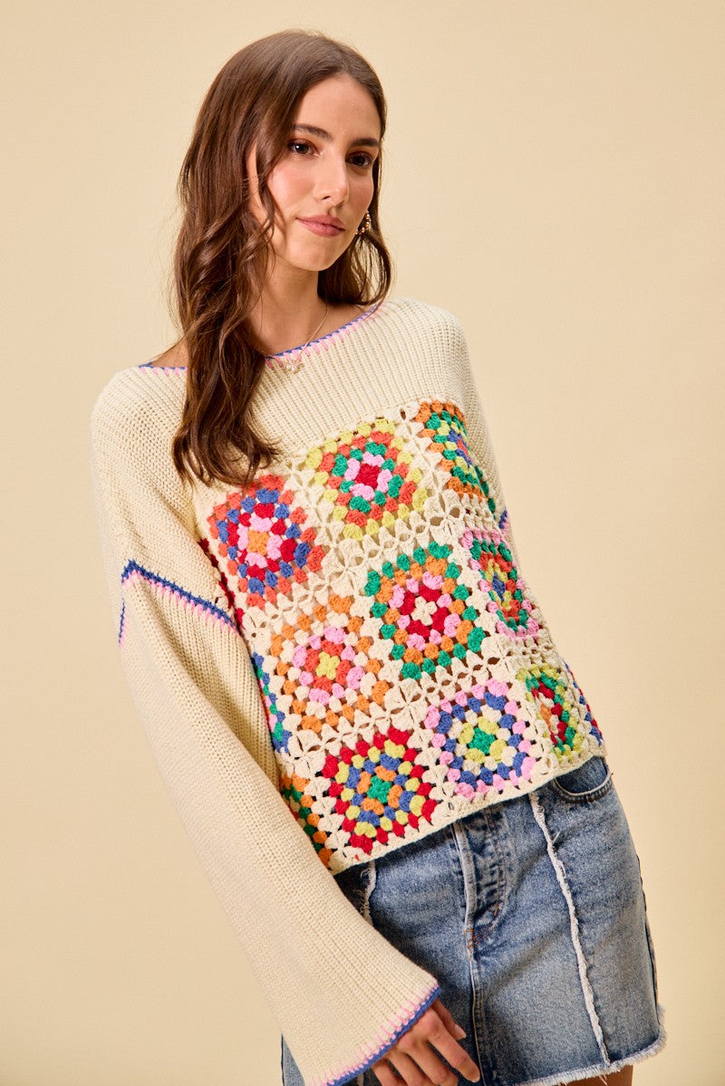 Colorful granny crochet lace sweater top from Trendsi featuring multi-color patterns and a relaxed, stylish fit.