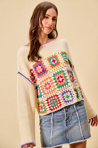 Multi-color granny crochet lace sweater top by Trendsi, cream and multicolor knit with intricate crochet pattern.