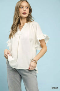 Umgee ruffle sleeve v-neck flutter blouse in soft fabric with flowy design and feminine ruffle details