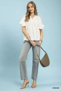 Umgee Ruffle Sleeve V-Neck Flutter Blouse in soft fabric with ruffled sleeves and V-neck design, perfect for casual or dressy wear.