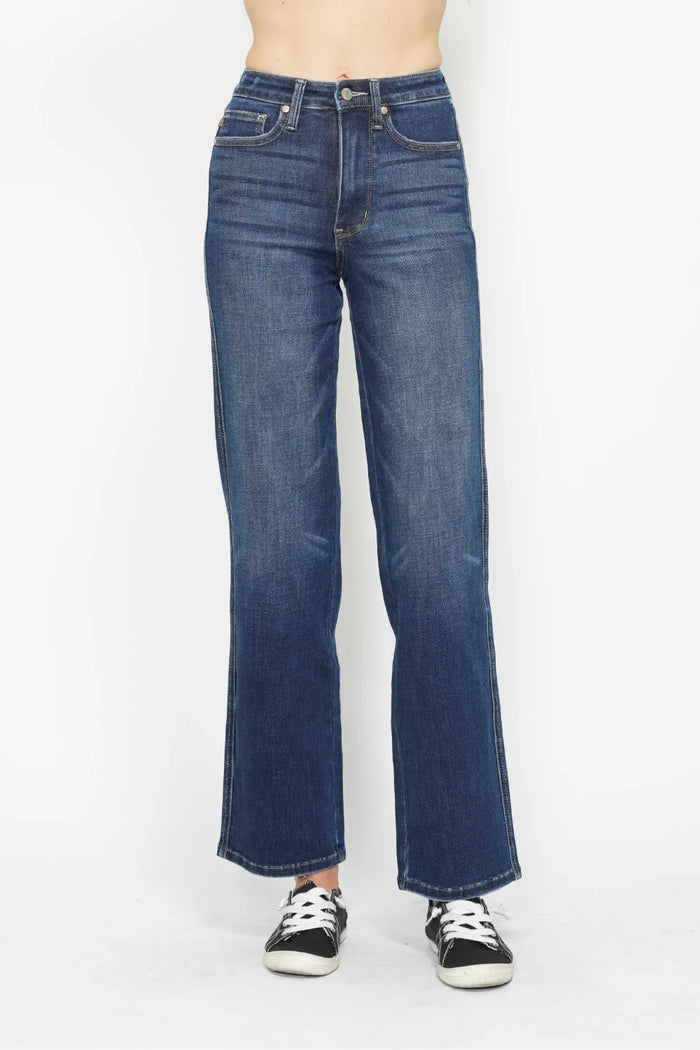 Dark wash Judy Blue high waist tummy control jeans with full size fit, featuring a sleek, fitted design and classic denim style.