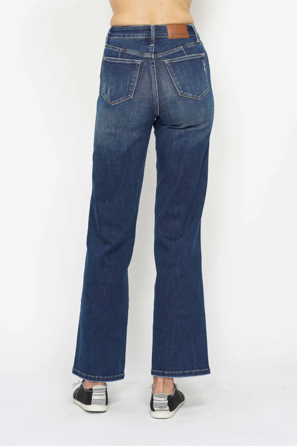 Dark wash Judy Blue high-waist tummy control jeans for full size with a fitted, flattering silhouette and classic denim style.