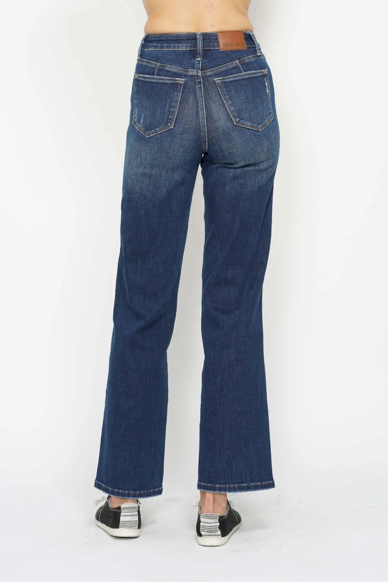 Dark wash Judy Blue high-waist tummy control jeans for full size with a fitted, flattering silhouette and classic denim style.