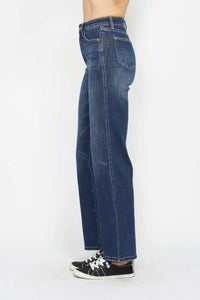 Dark wash Judy Blue high waist tummy control jeans with full size fit, featuring a flattering waistband and classic denim style.