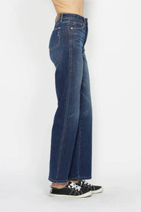 Dark wash Judy Blue high waist tummy control jeans, full size, showcasing a flattering fit and classic denim style.