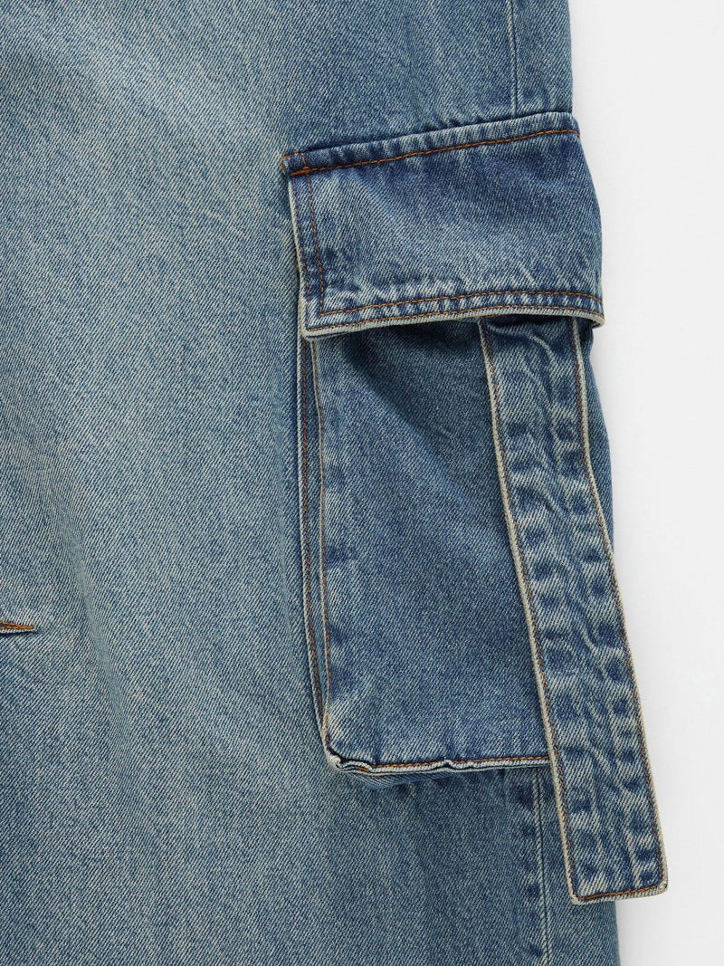 Vintage wash wide leg cargo jeans by Trendsi featuring relaxed fit, large side pockets, and distressed details.