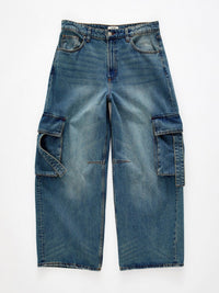 Vintage wash wide leg cargo jeans from Trendsi featuring relaxed fit, multiple pockets, and classic denim styling.