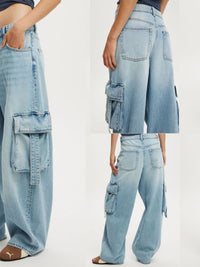 Vintage Wash Wide Leg Cargo Jeans by Trendsi featuring relaxed fit, multiple pockets, and wide-leg style in denim fabric.