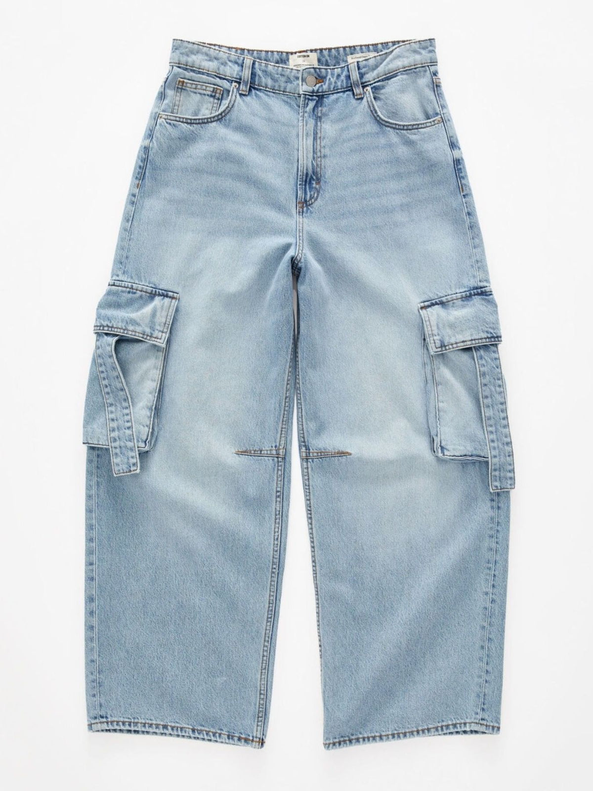 Vintage wash wide leg cargo jeans by Trendsi featuring relaxed fit, multiple pockets, and a trendy casual style.