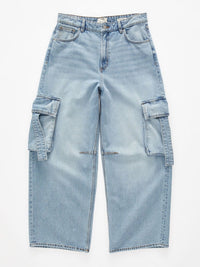 Vintage wash wide leg cargo jeans by Trendsi featuring relaxed fit, multiple pockets, and a trendy casual style.