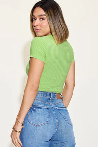 Dark brown Trendsi Basic Bae ribbed round neck short sleeve T-shirt, full size, casual fit, soft fabric, close-up view.