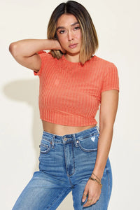 Dark brown Trendsi Basic Bae ribbed round neck short sleeve T-shirt, full size, casual fit, close-up of fabric and neckline.