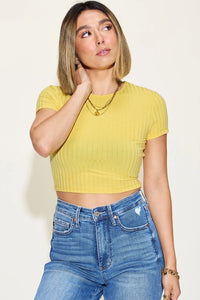 Dark brown Trendsi Basic Bae ribbed round neck short sleeve T-shirt, full size, casual fit, lightweight fabric, close-up of fabric texture.