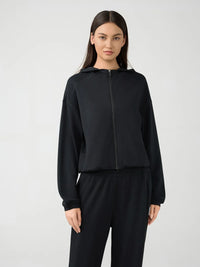 Trendsi Millennia zip-up active hoodie with dropped shoulder design, featuring a hood and casual fit, shown in the product image.