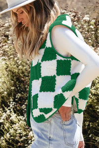 Checkerboard fleece sherpa vest coat by Trendsi, featuring a cozy black and white checkered pattern and soft fleece material.