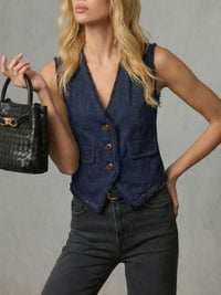 Frayed hem denim vest by Trendsi featuring distressed edges, classic sleeveless design, and light blue wash on a white background.