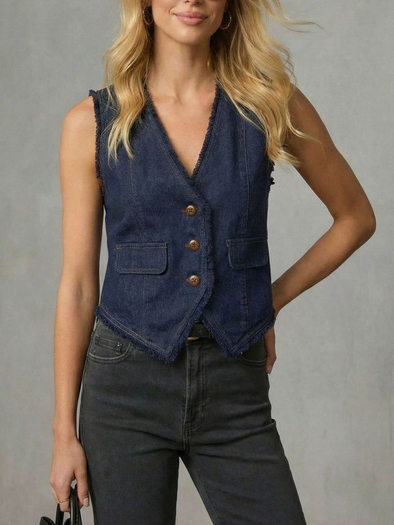Frayed hem denim vest by Trendsi featuring distressed edges, sleeveless design, and classic denim texture.