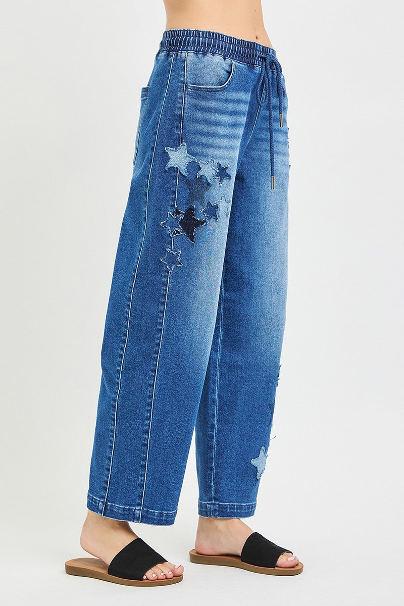 Dark gray RISEN elastic band slouchy cropped barrel pants with star patch, casual trendy style from Trendsi.