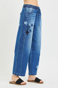 Dark gray RISEN elastic band slouchy cropped barrel pants with star patch, casual trendy style from Trendsi.