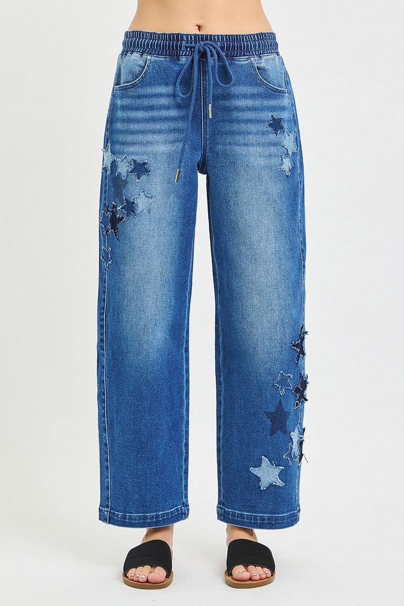 Dark gray RISEN elastic band slouchy cropped barrel pants with star patch, trendy casual style by Trendsi.