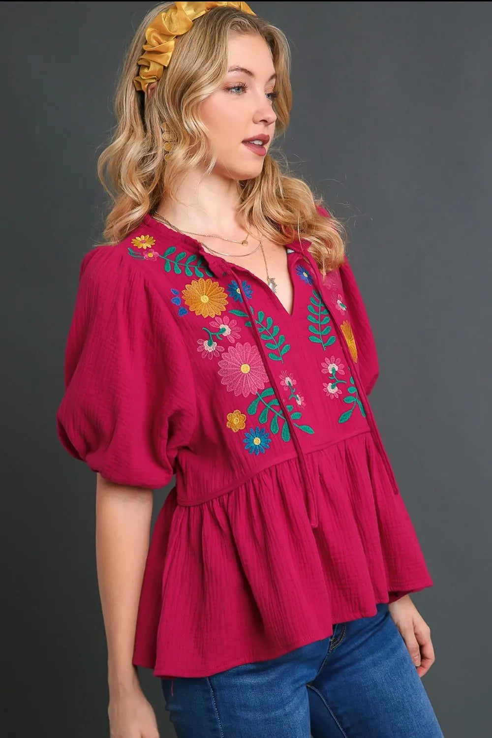 Plus size Umgee floral embroidery cotton gauze babydoll blouse with full sleeves and delicate embroidery details.