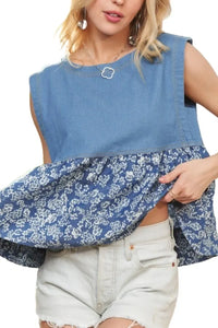 Sleeveless denim contrast top from ADORA by Trendsi, featuring a stylish design with contrasting fabric details.