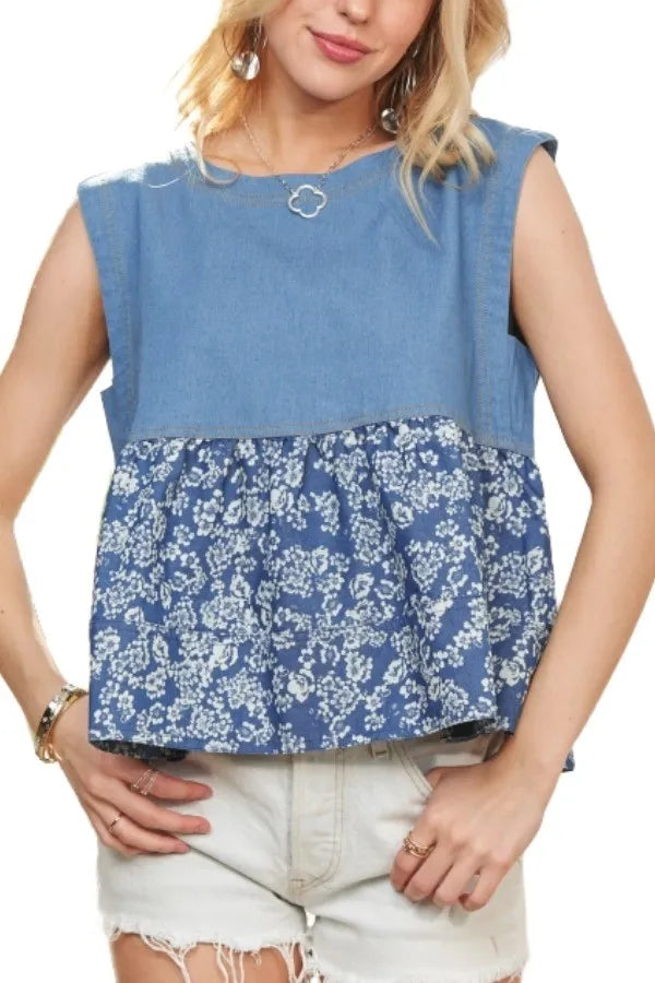Sleeveless denim contrast top by ADORA featuring a fitted design and stylish blue denim fabric.