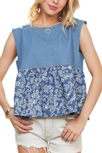Sleeveless denim contrast top by ADORA featuring a fitted design and stylish blue denim fabric.