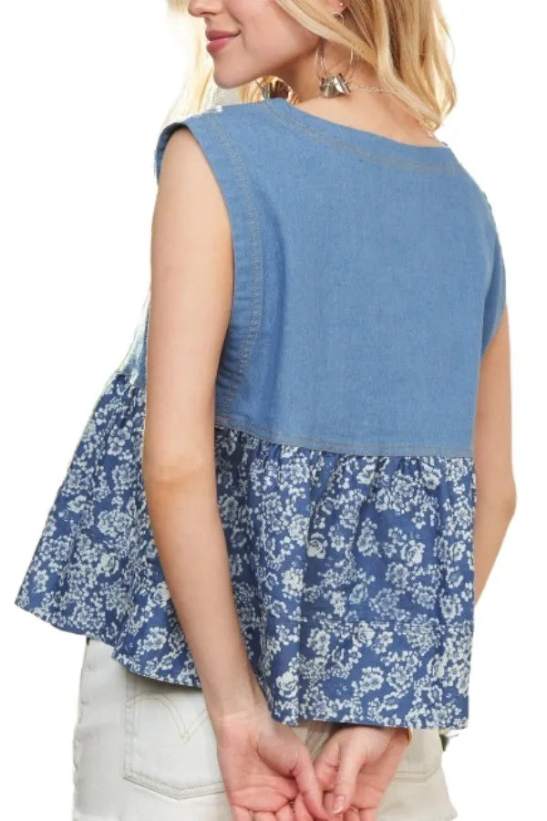 Sleeveless denim contrast top by Trendsi, featuring a fitted design and stylish color block details.
