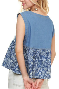 Sleeveless denim contrast top by Trendsi, featuring a fitted design and stylish color block details.