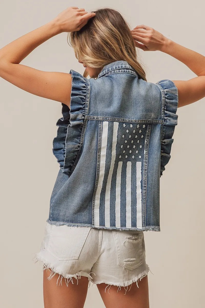 BiBi American Flag washed denim jacket by Trendsi, featuring distressed details and patriotic flag design, casual streetwear style