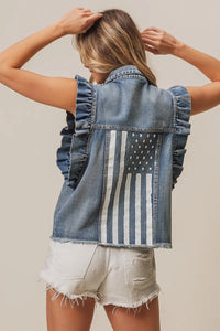 BiBi American Flag washed denim jacket by Trendsi, featuring distressed details and patriotic flag design, casual streetwear style