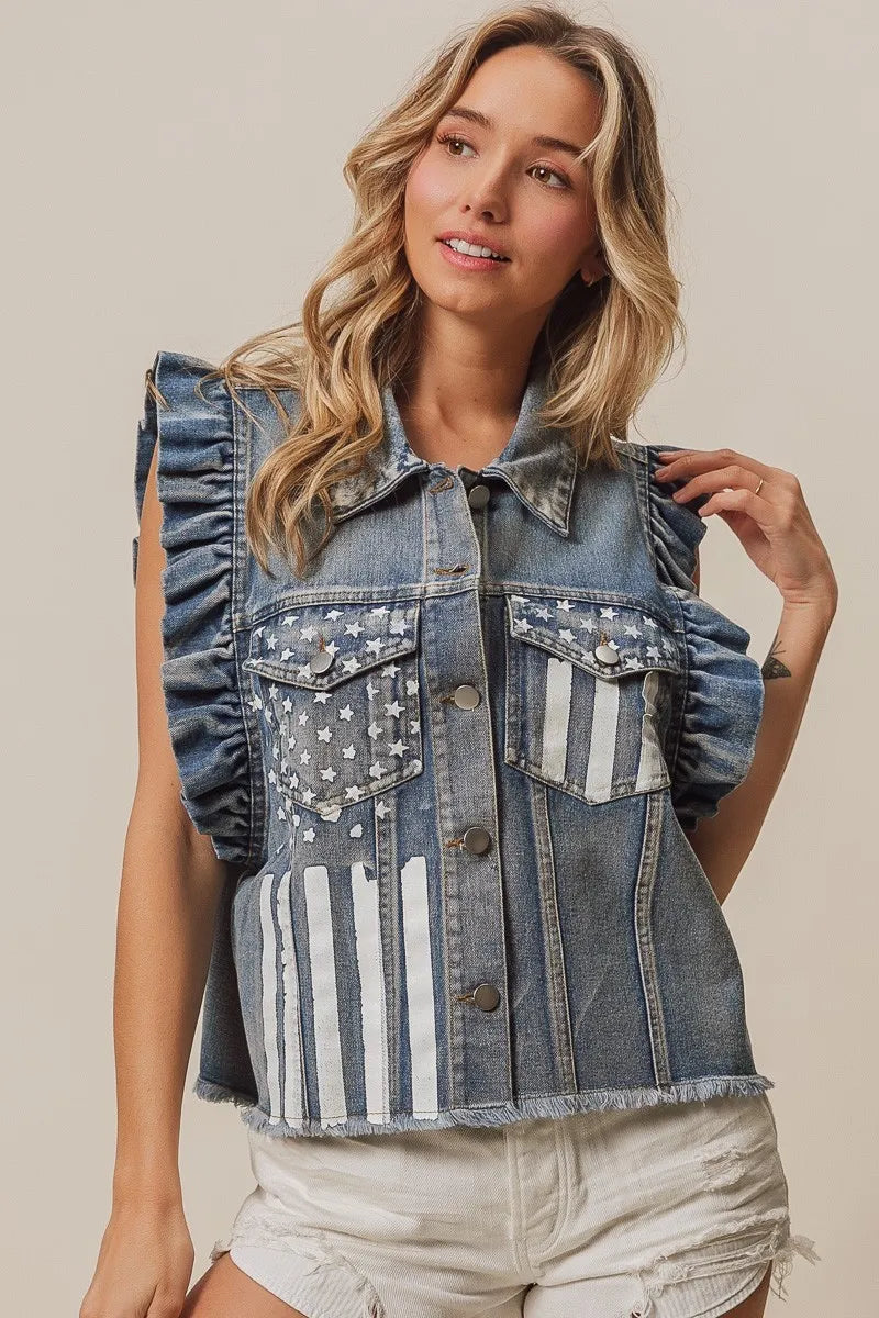 BiBi American flag washed denim jacket by Trendsi, featuring distressed denim with American flag design, front button closure, and classic fit.